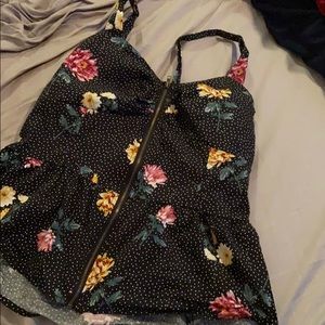 Black Flowered Peplum Style Tank Blouse